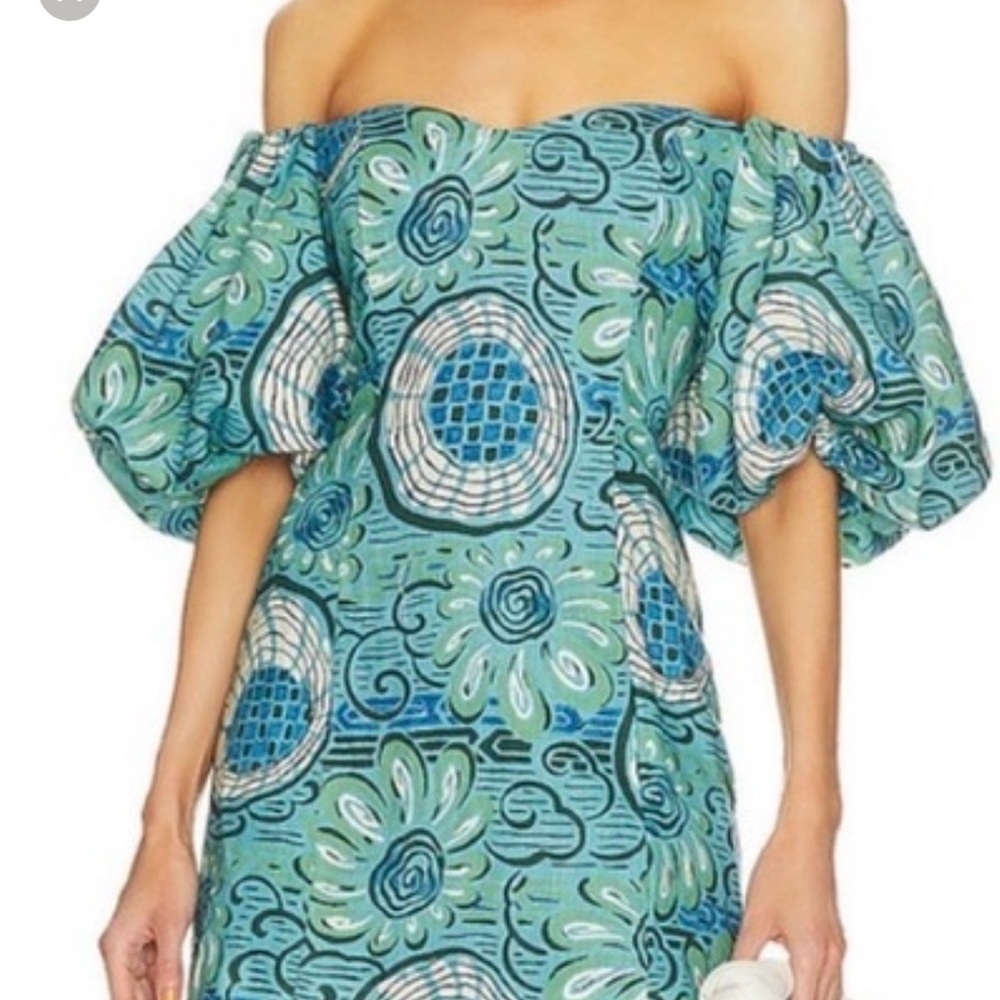 RHODE One-Shoulder Puff-Sleeve Floral Dress in Teal and Blue